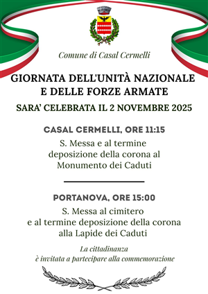 Festa dell'Unità Nazionale e delle Forze Armate. Memoria dei Caduti di tutte le guerre.